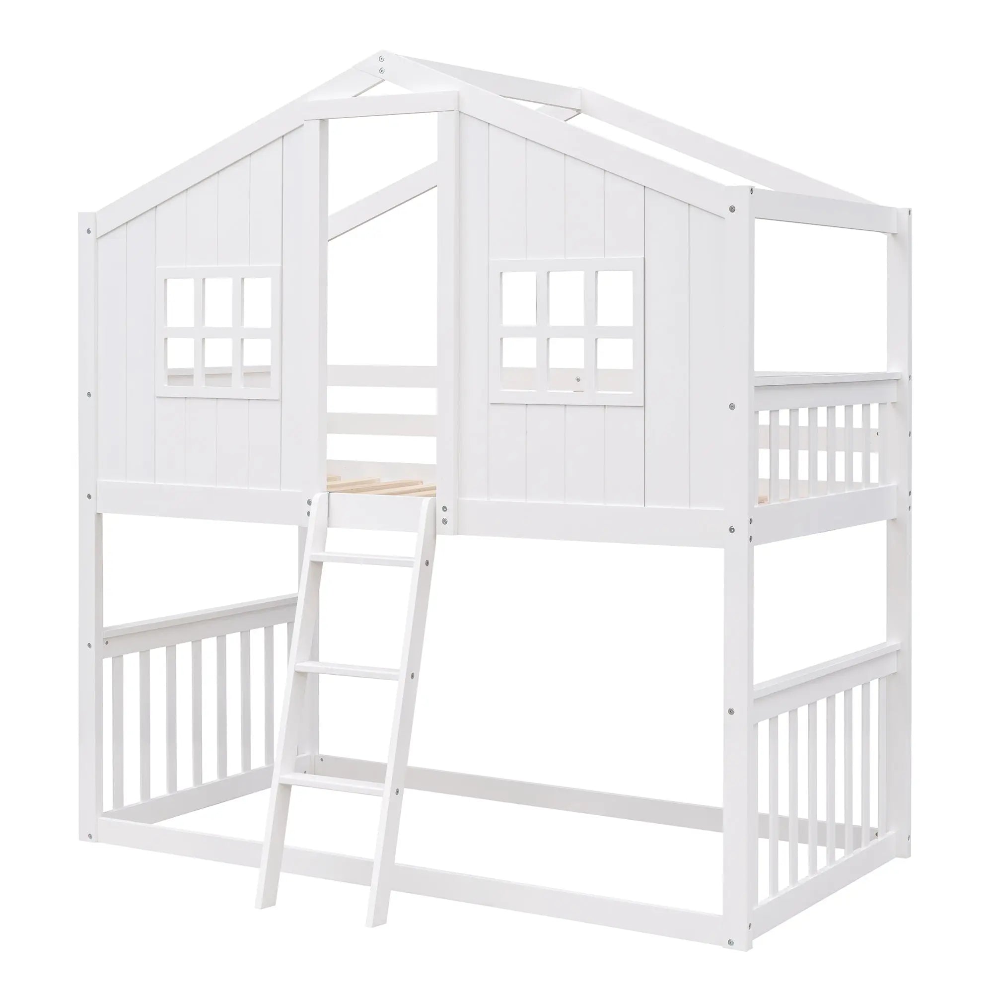 Bellemave® Twin Size Wood House Bunk Bed with Ladder - Bellemave