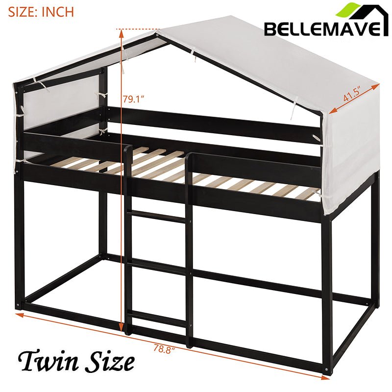 Bellemave® Twin Size Wood House Bunk Bed with Tent - Bellemave