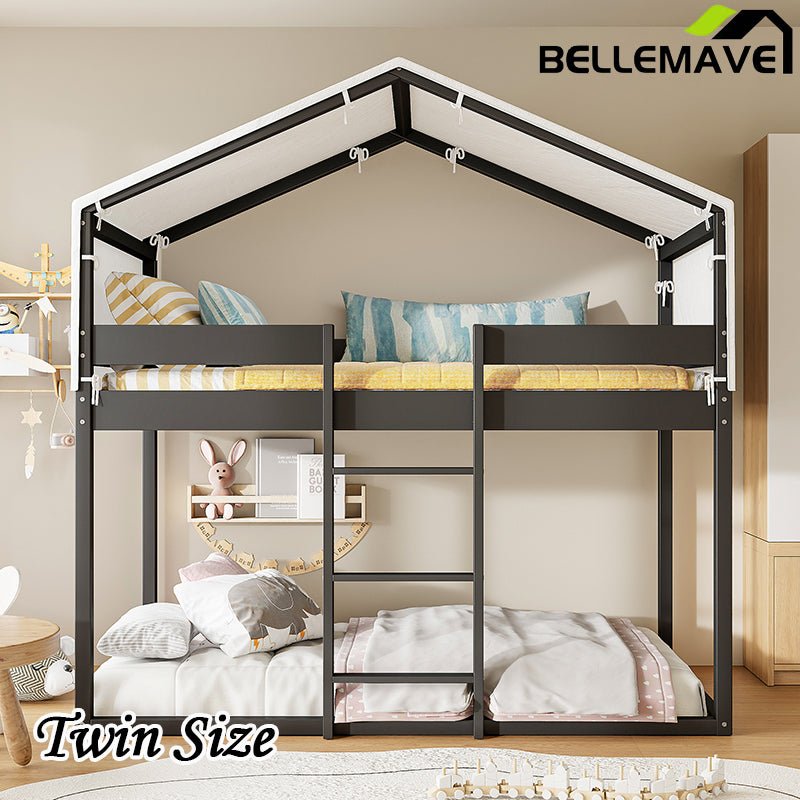Bellemave® Twin Size Wood House Bunk Bed with Tent - Bellemave