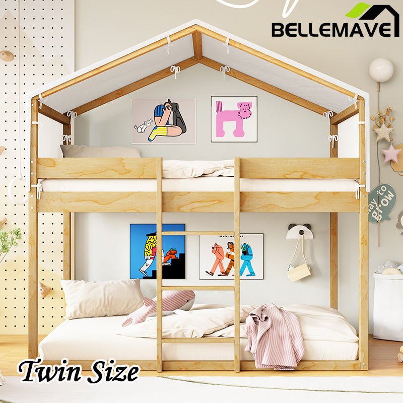Bellemave® Twin Size Wood House Bunk Bed with Tent - Bellemave