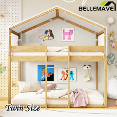 Bellemave® Twin Size Wood House Bunk Bed with Tent - Bellemave
