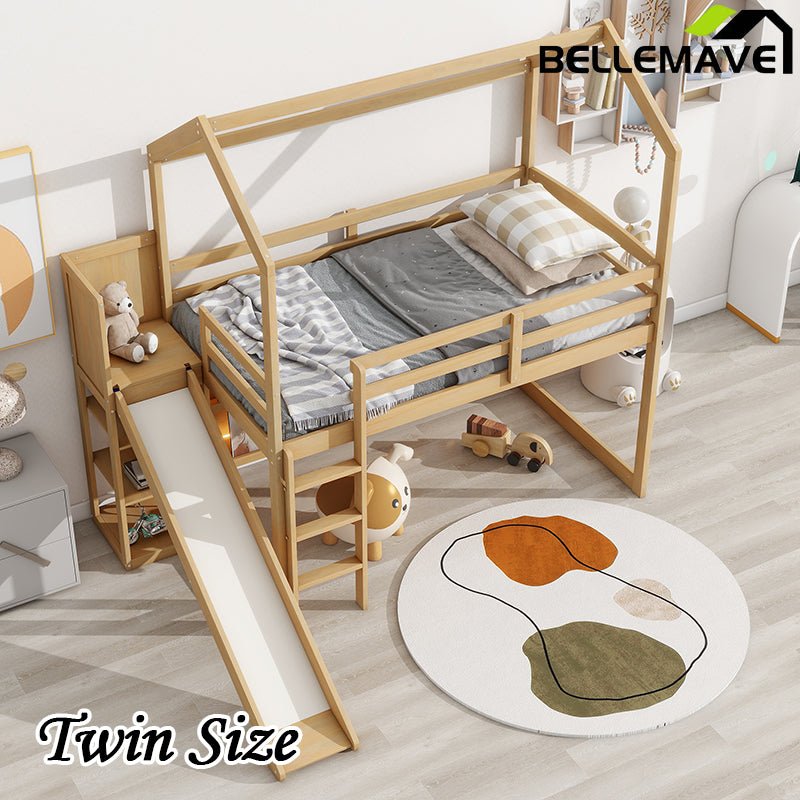 Bellemave® Twin Size Wood House Loft Bed with Slide, Storage Shelves and Light - Bellemave