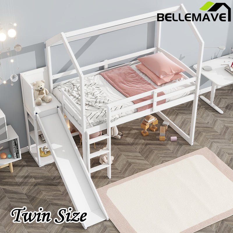 Bellemave® Twin Size Wood House Loft Bed with Slide, Storage Shelves and Light - Bellemave