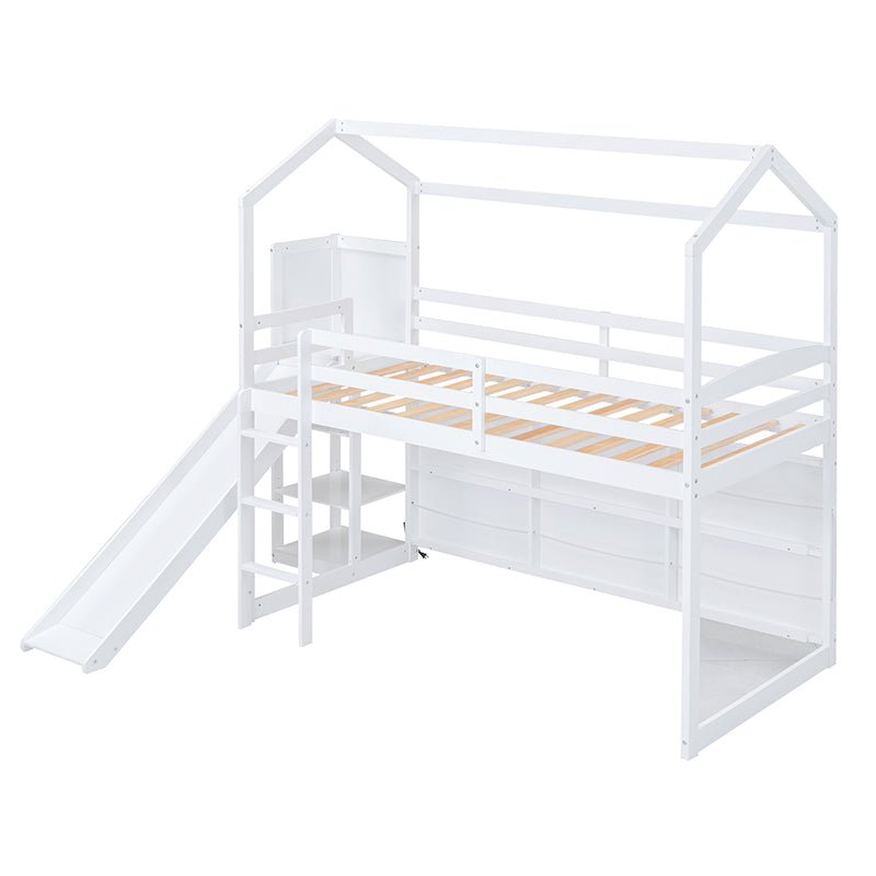 Bellemave® Twin Size Wood House Loft Bed with Slide, Storage Shelves and Light - Bellemave