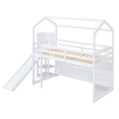 Bellemave® Twin Size Wood House Loft Bed with Slide, Storage Shelves and Light - Bellemave