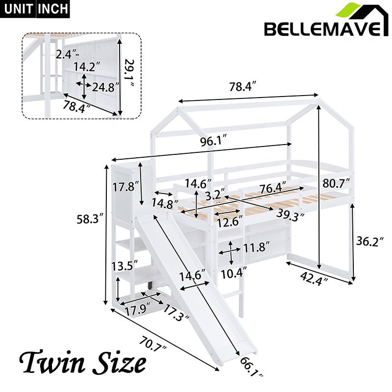 Bellemave® Twin Size Wood House Loft Bed with Slide, Storage Shelves and Light - Bellemave