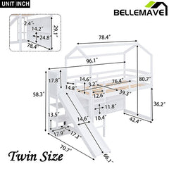 Bellemave® Twin Size Wood House Loft Bed with Slide, Storage Shelves and Light - Bellemave