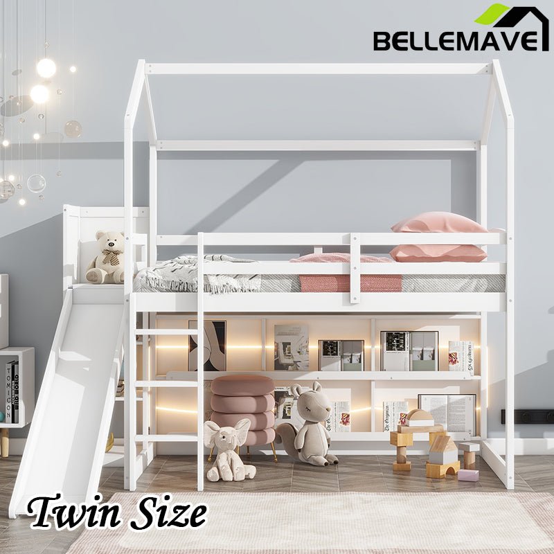 Bellemave® Twin Size Wood House Loft Bed with Slide, Storage Shelves and Light - Bellemave