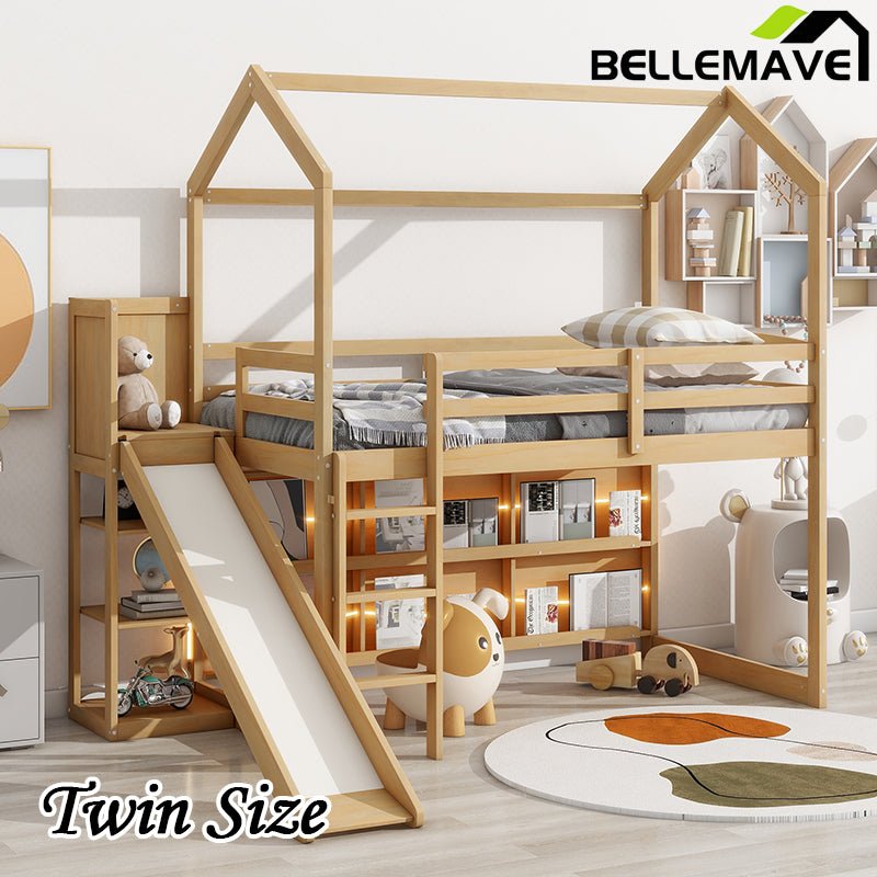 Bellemave® Twin Size Wood House Loft Bed with Slide, Storage Shelves and Light - Bellemave