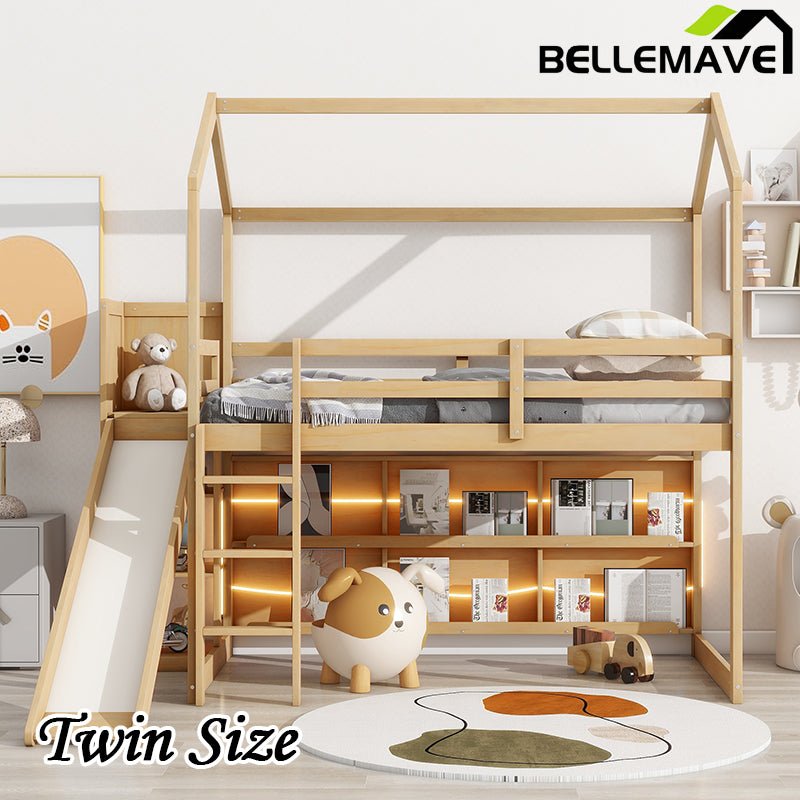 Bellemave® Twin Size Wood House Loft Bed with Slide, Storage Shelves and Light - Bellemave