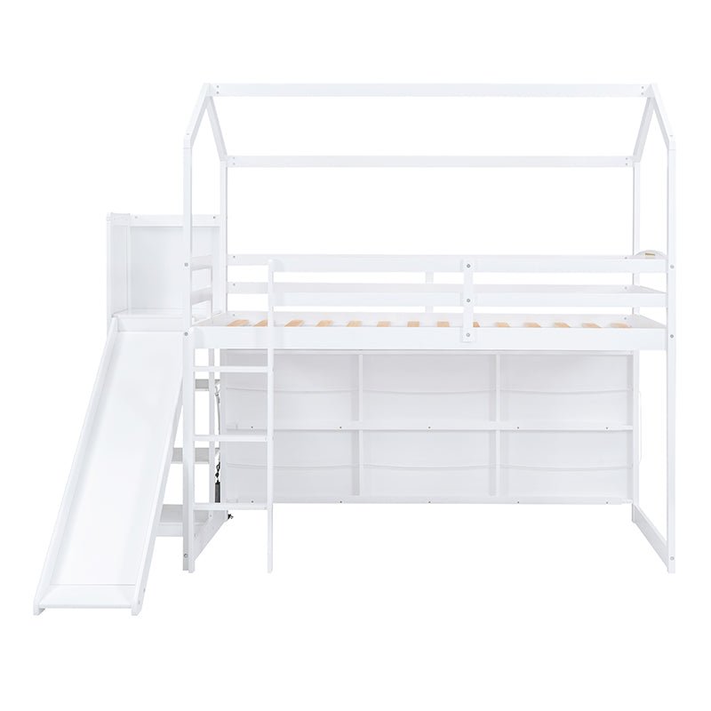 Bellemave® Twin Size Wood House Loft Bed with Slide, Storage Shelves and Light - Bellemave