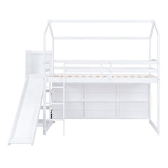 Bellemave® Twin Size Wood House Loft Bed with Slide, Storage Shelves and Light - Bellemave