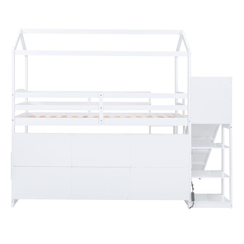 Bellemave® Twin Size Wood House Loft Bed with Slide, Storage Shelves and Light - Bellemave