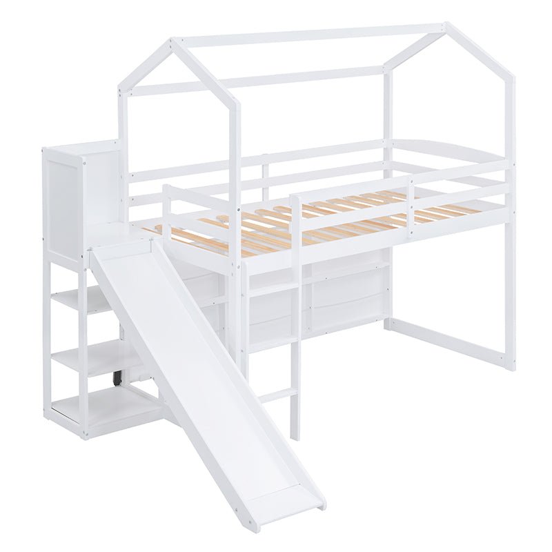 Bellemave® Twin Size Wood House Loft Bed with Slide, Storage Shelves and Light - Bellemave