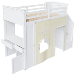 Bellemave® Twin Size Wood Loft Bed with Built - in Desk, 2 Drawers, Storage Staircase, Curtain & Spacious Under - Bed - Bellemave