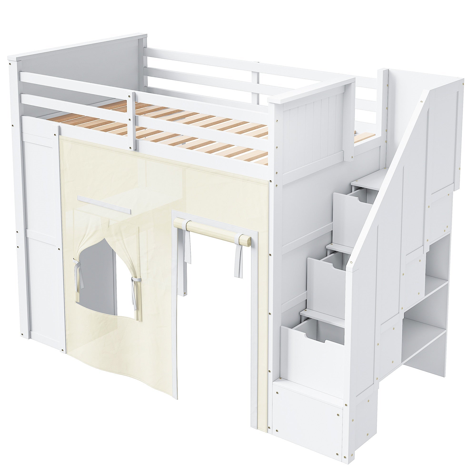 Bellemave® Twin Size Wood Loft Bed with Built - in Desk, 2 Drawers, Storage Staircase, Curtain & Spacious Under - Bed - Bellemave