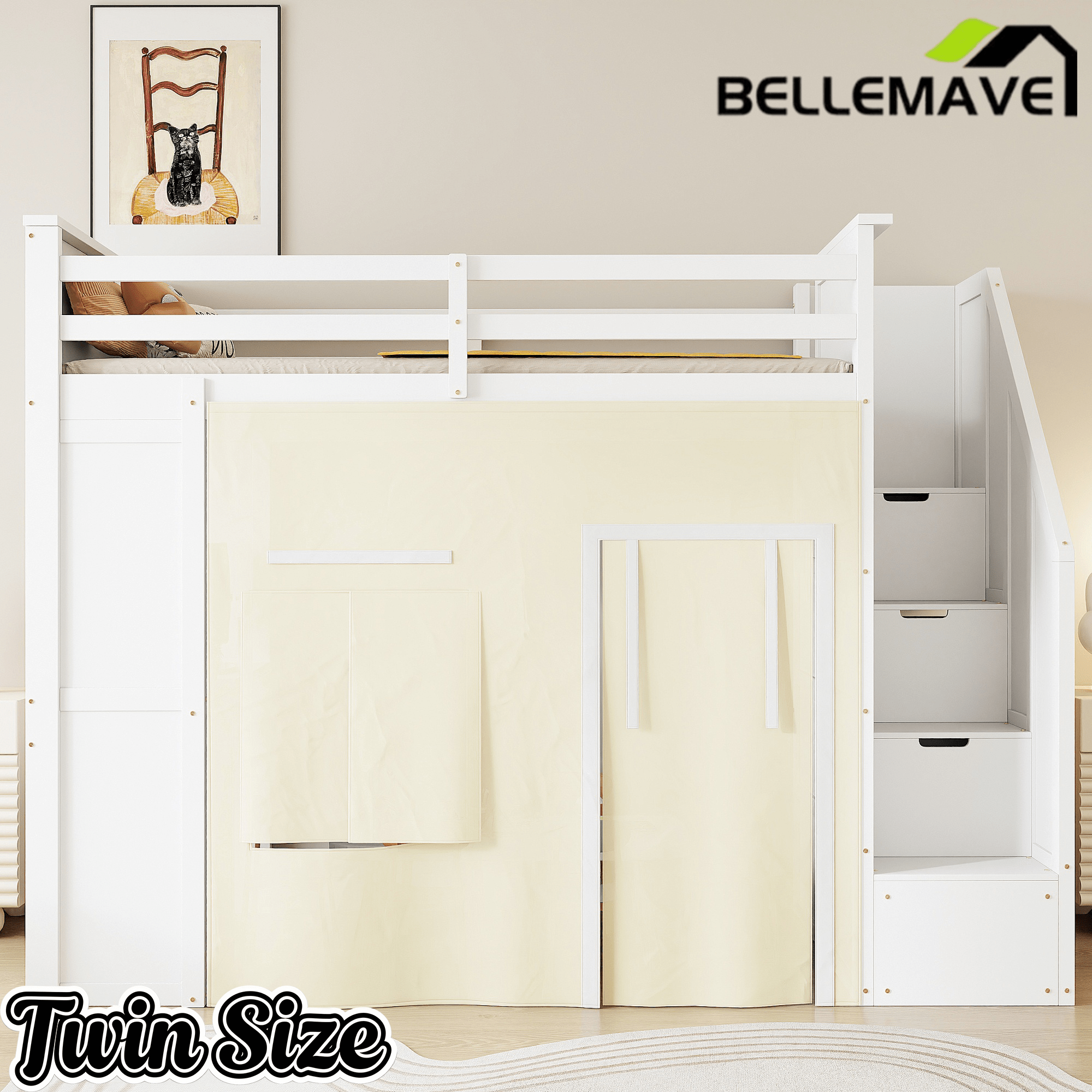 Bellemave® Twin Size Wood Loft Bed with Built - in Desk, 2 Drawers, Storage Staircase, Curtain & Spacious Under - Bed - Bellemave