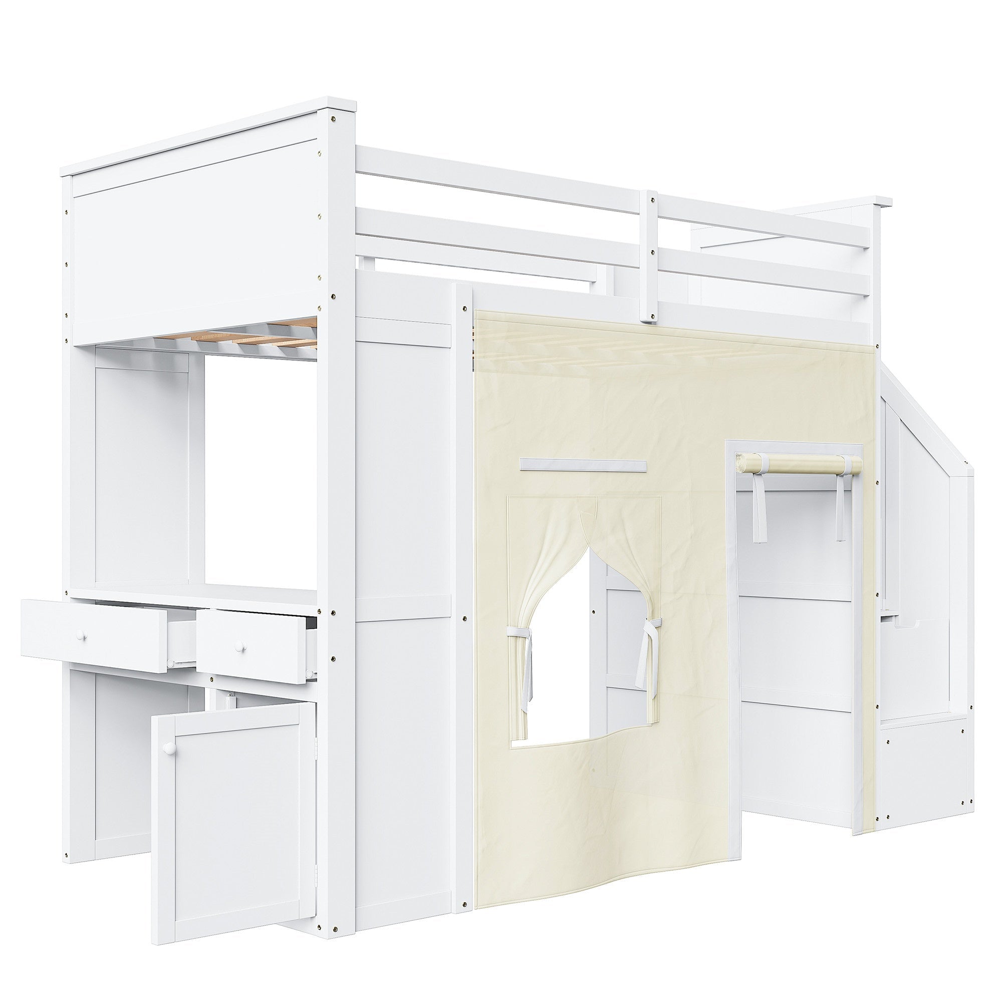 Bellemave® Twin Size Wood Loft Bed with Built - in Desk, 2 Drawers, Storage Staircase, Curtain & Spacious Under - Bed - Bellemave