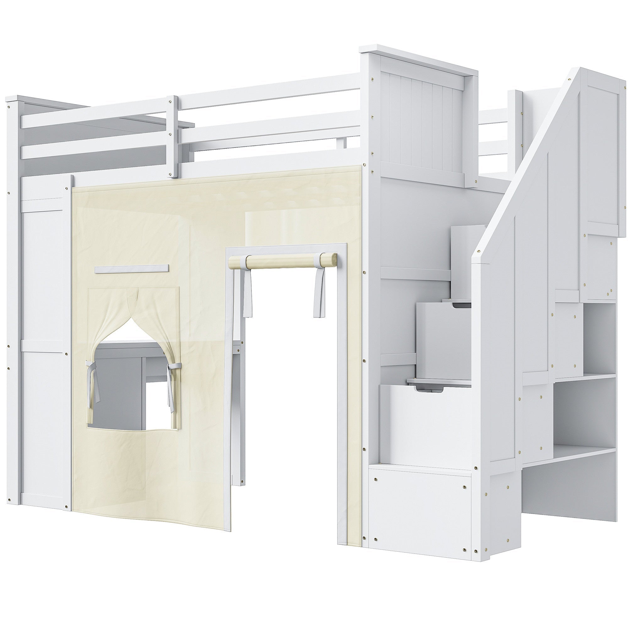 Bellemave® Twin Size Wood Loft Bed with Built - in Desk, 2 Drawers, Storage Staircase, Curtain & Spacious Under - Bed - Bellemave