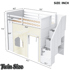 Bellemave® Twin Size Wood Loft Bed with Built - in Desk, 2 Drawers, Storage Staircase, Curtain & Spacious Under - Bed - Bellemave