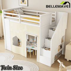 Bellemave® Twin Size Wood Loft Bed with Built - in Desk, 2 Drawers, Storage Staircase, Curtain & Spacious Under - Bed - Bellemave