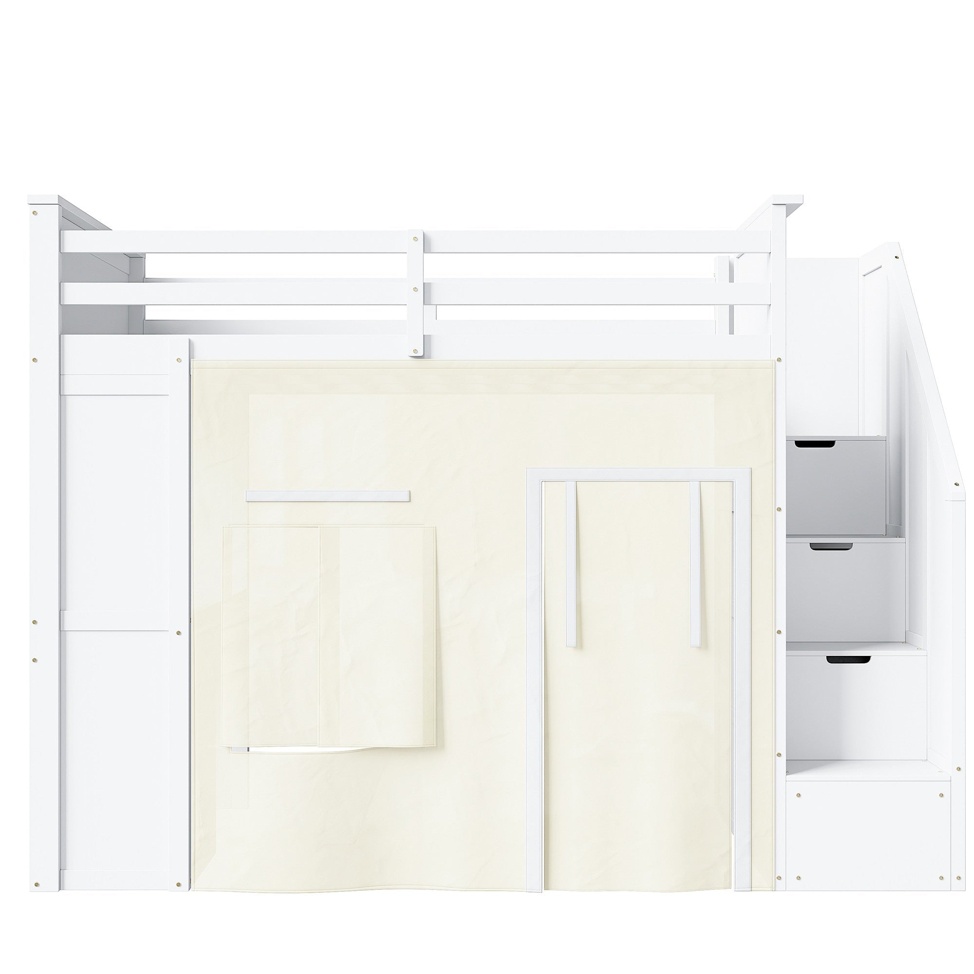 Bellemave® Twin Size Wood Loft Bed with Built - in Desk, 2 Drawers, Storage Staircase, Curtain & Spacious Under - Bed - Bellemave
