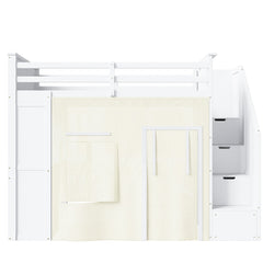 Bellemave® Twin Size Wood Loft Bed with Built - in Desk, 2 Drawers, Storage Staircase, Curtain & Spacious Under - Bed - Bellemave