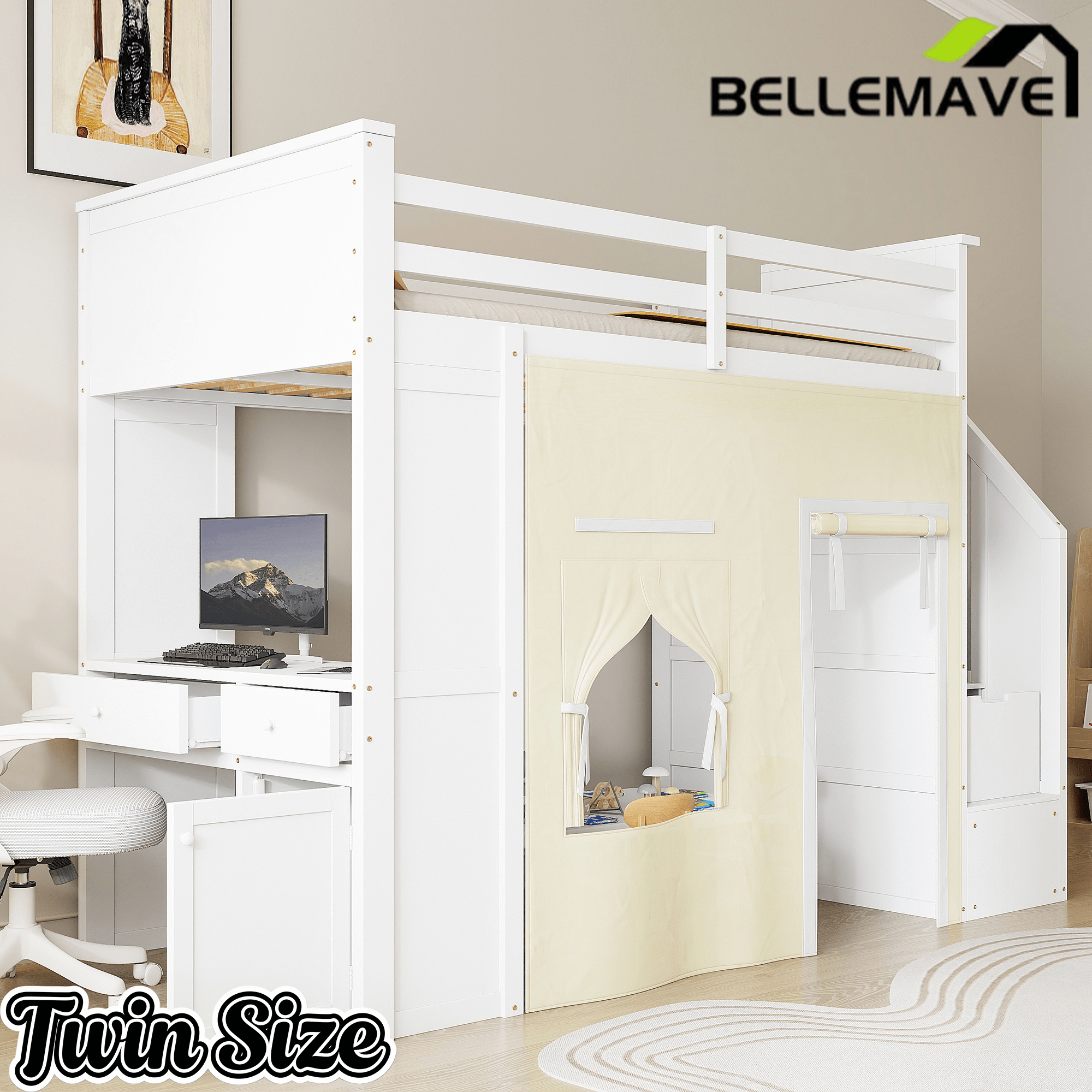Bellemave® Twin Size Wood Loft Bed with Built - in Desk, 2 Drawers, Storage Staircase, Curtain & Spacious Under - Bed - Bellemave