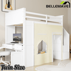 Bellemave® Twin Size Wood Loft Bed with Built - in Desk, 2 Drawers, Storage Staircase, Curtain & Spacious Under - Bed - Bellemave