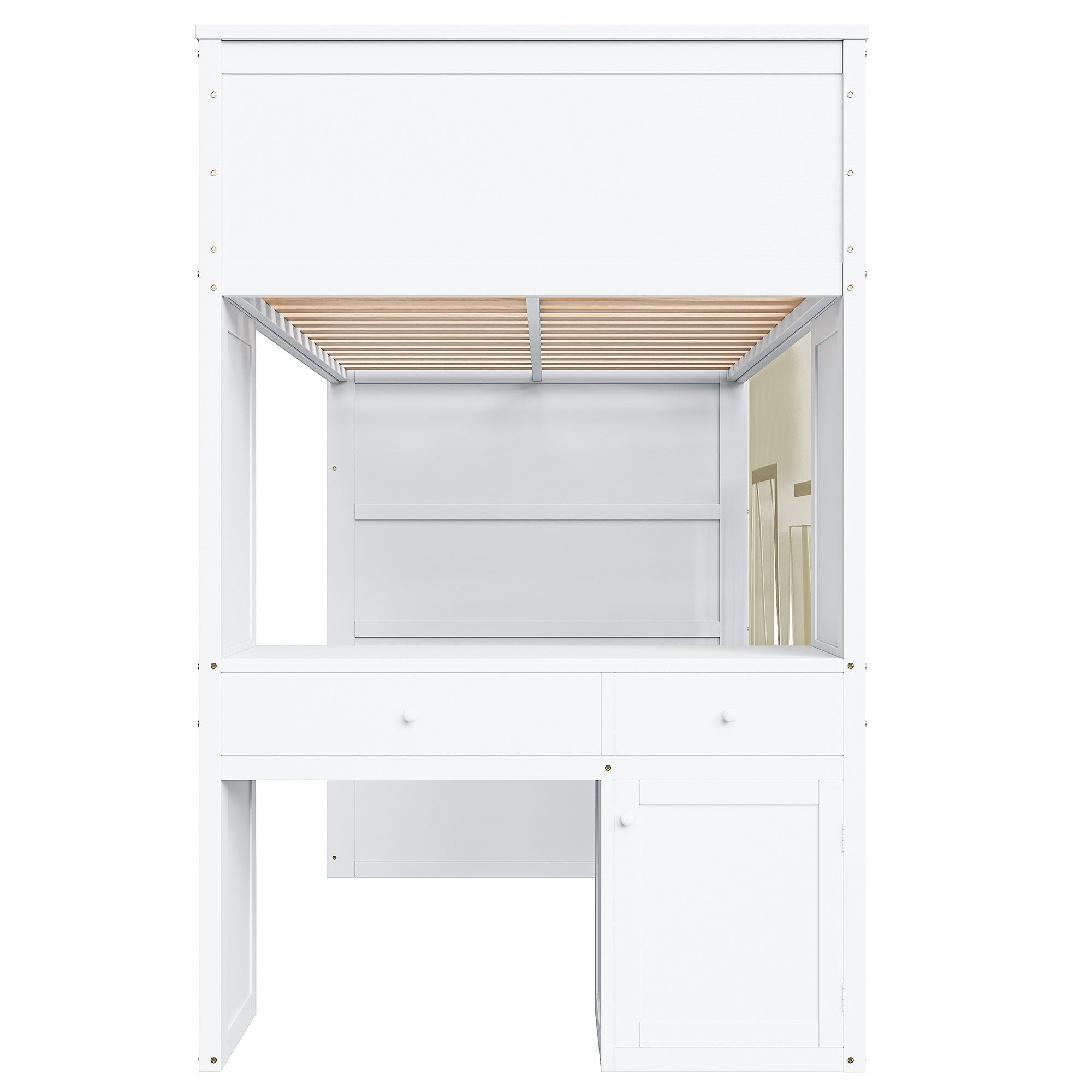 Bellemave® Twin Size Wood Loft Bed with Built - in Desk, 2 Drawers, Storage Staircase, Curtain & Spacious Under - Bed - Bellemave