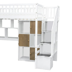Bellemave® Twin Size Wood Loft Bed with Built - in Desk, LED, Storage Shelves, Cabinets and Staircase - Bellemave