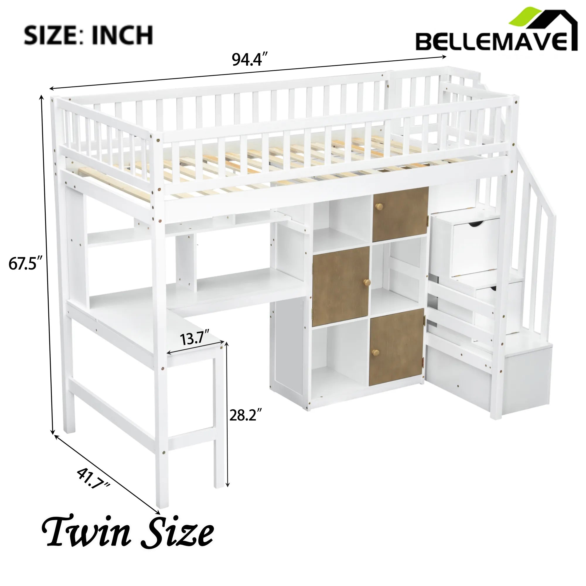 Bellemave® Twin Size Wood Loft Bed with Built - in Desk, LED, Storage Shelves, Cabinets and Staircase - Bellemave