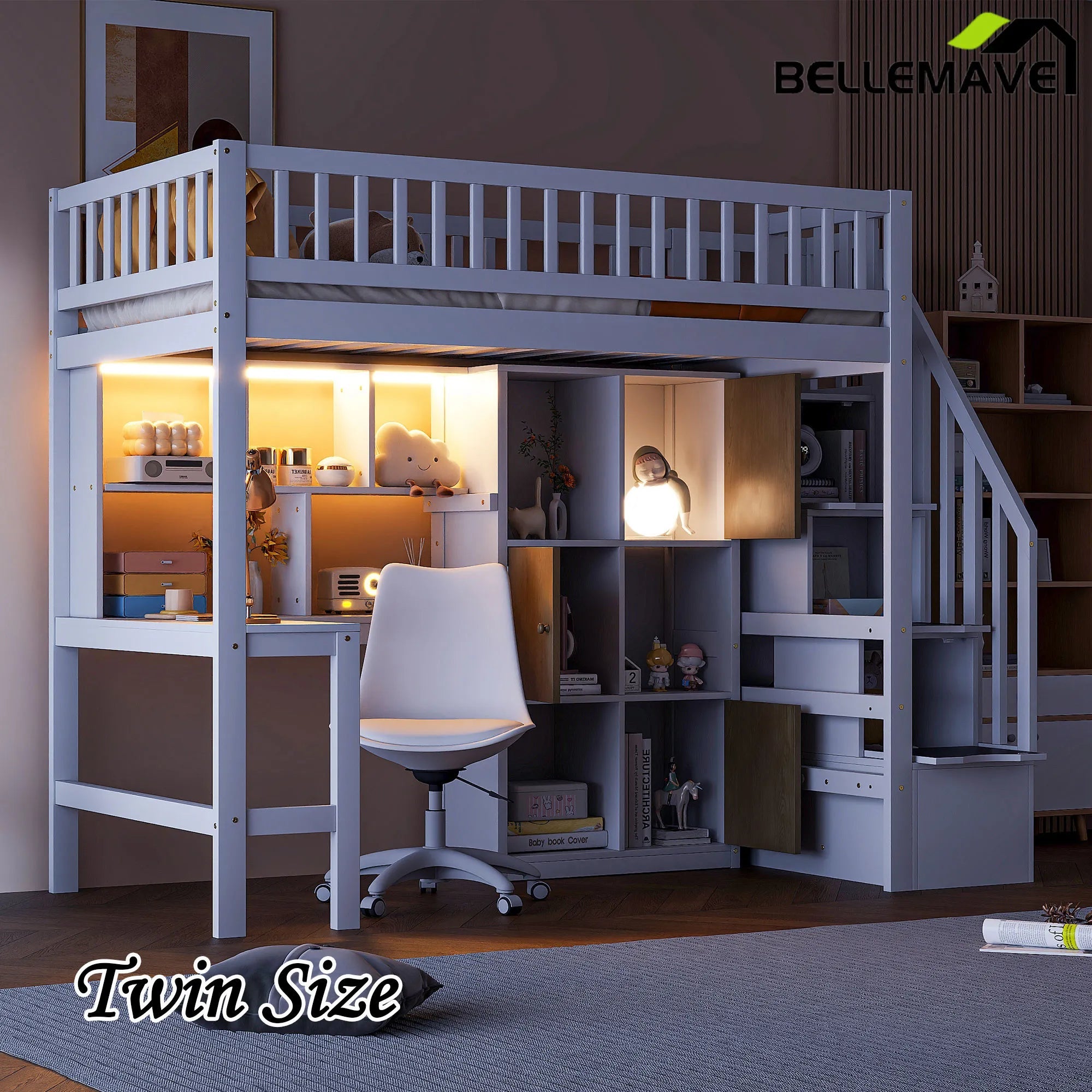 Bellemave® Twin Size Wood Loft Bed with Built - in Desk, LED, Storage Shelves, Cabinets and Staircase - Bellemave