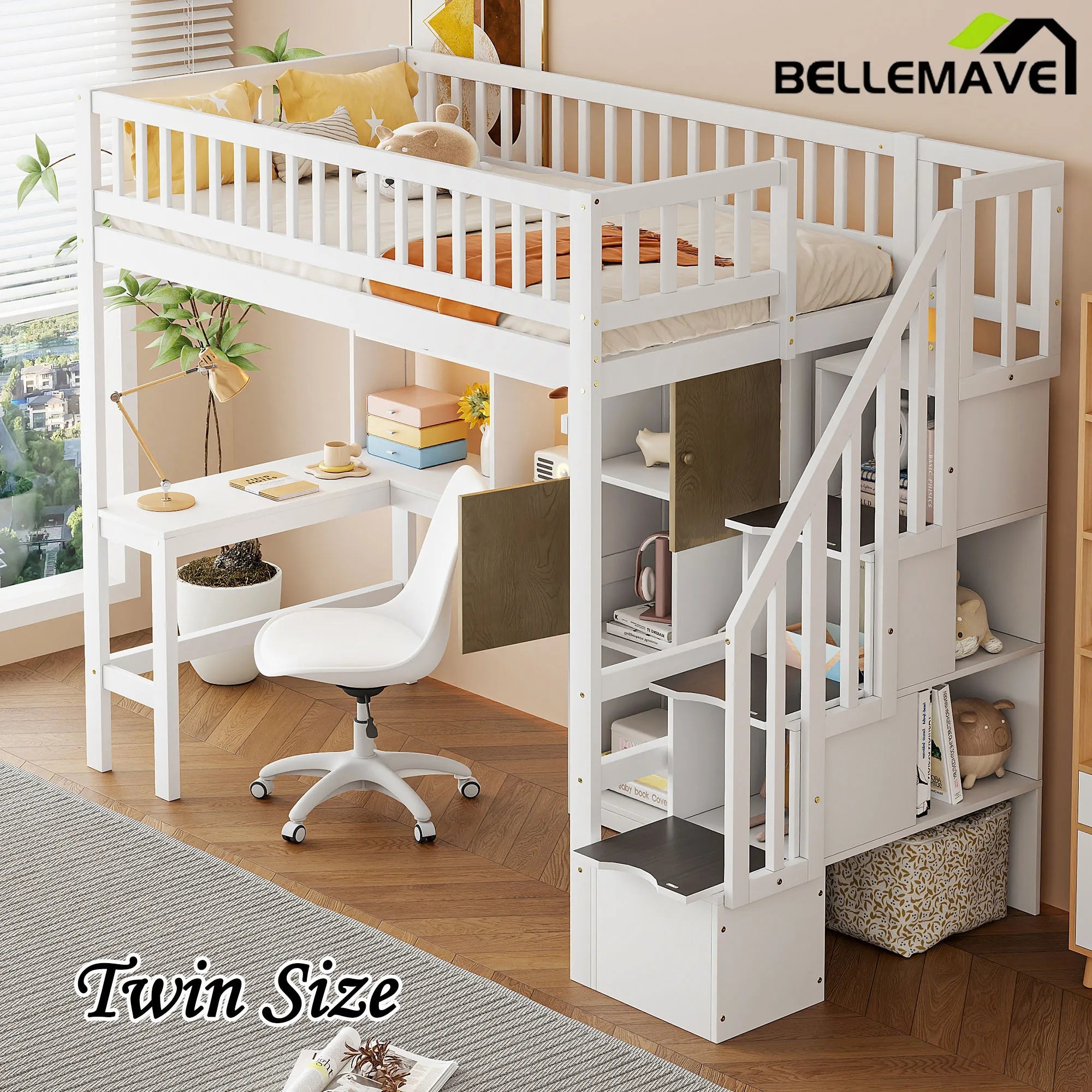 Bellemave® Twin Size Wood Loft Bed with Built - in Desk, LED, Storage Shelves, Cabinets and Staircase - Bellemave