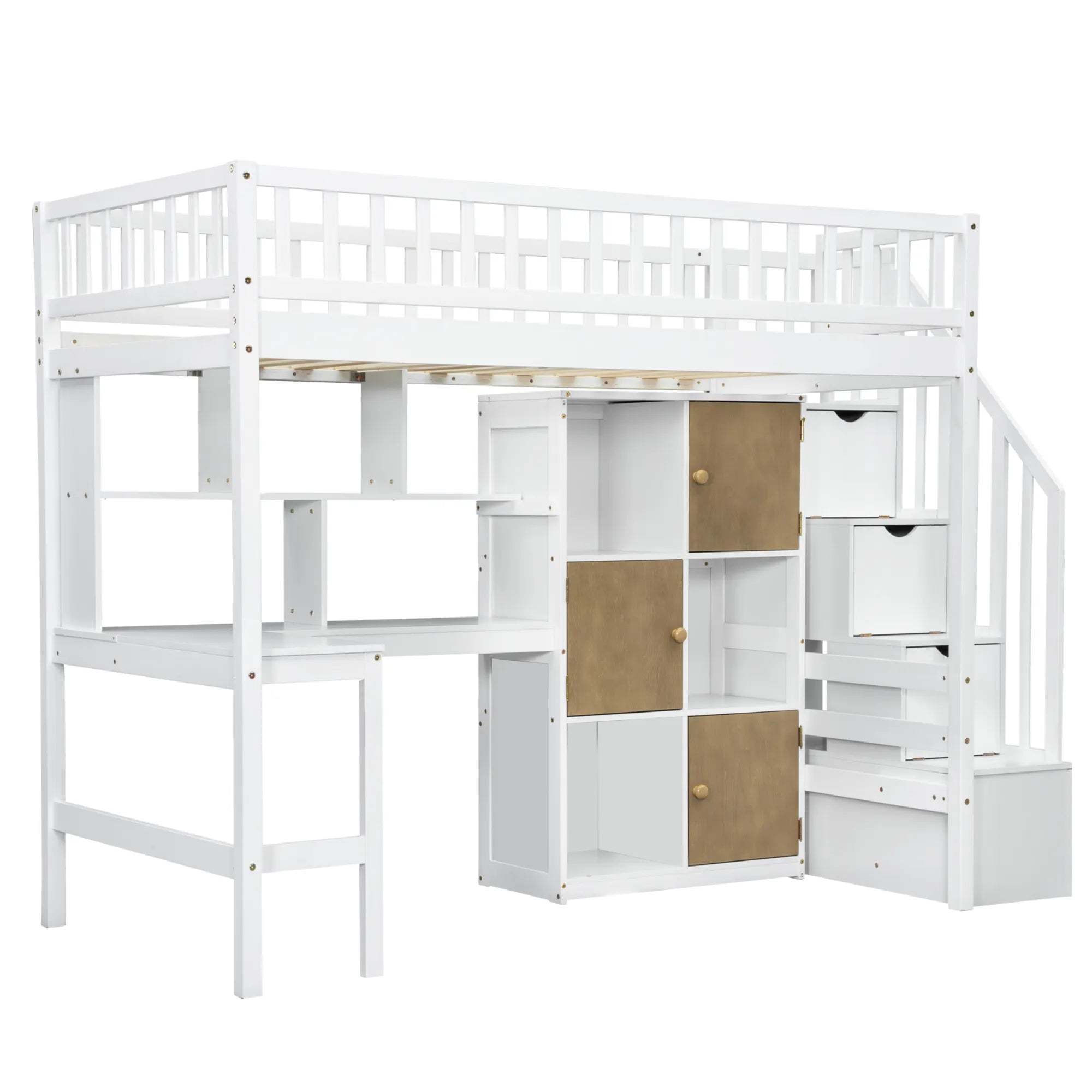 Bellemave® Twin Size Wood Loft Bed with Built - in Desk, LED, Storage Shelves, Cabinets and Staircase - Bellemave