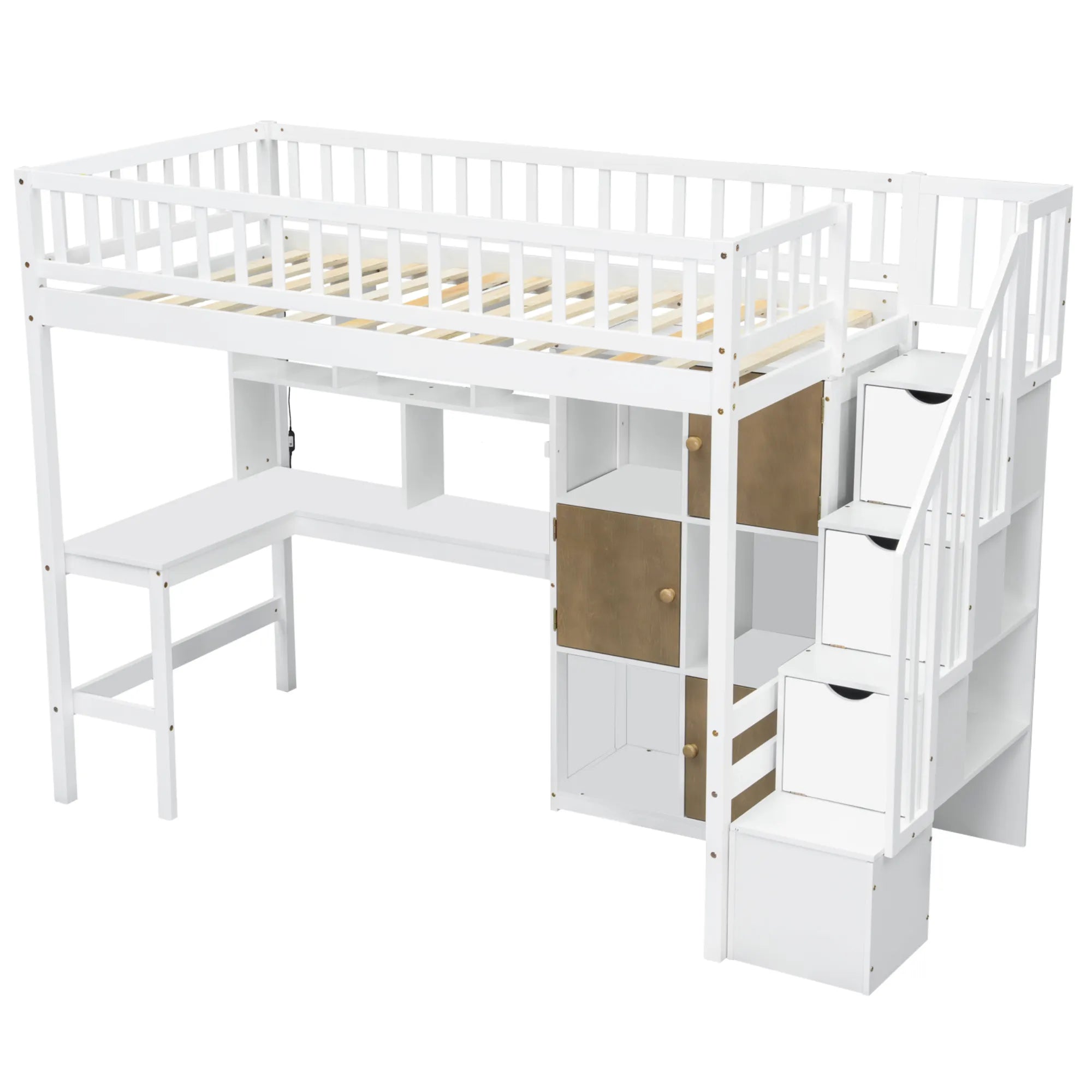 Bellemave® Twin Size Wood Loft Bed with Built - in Desk, LED, Storage Shelves, Cabinets and Staircase - Bellemave