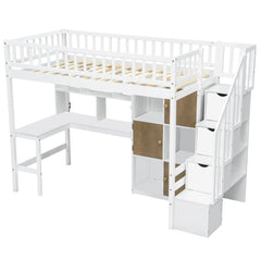 Bellemave® Twin Size Wood Loft Bed with Built - in Desk, LED, Storage Shelves, Cabinets and Staircase - Bellemave