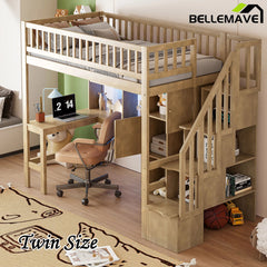 Bellemave® Twin Size Wood Loft Bed with Built - in Desk, LED, Storage Shelves, Cabinets and Staircase - Bellemave