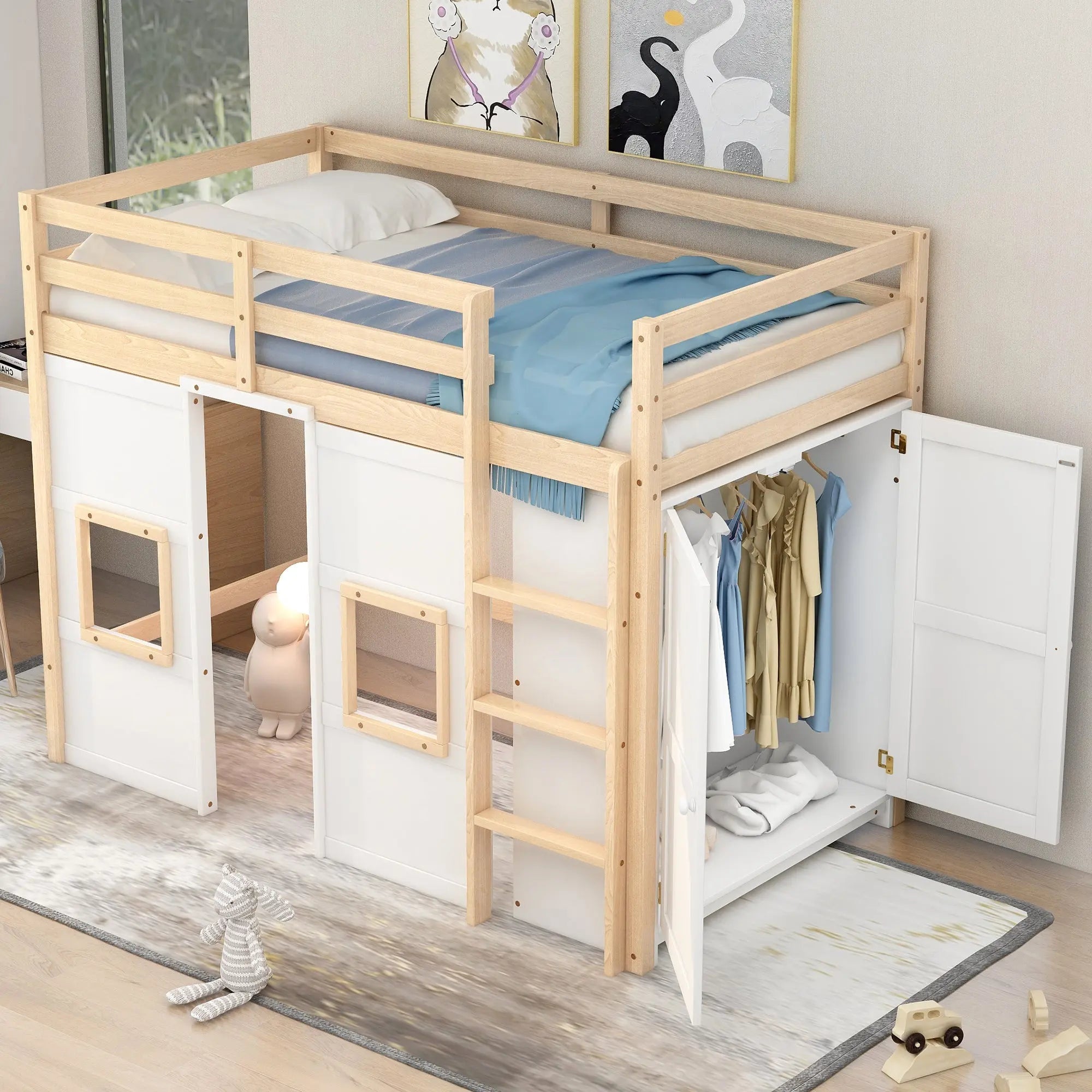Bellemave® Twin Size Wood Loft Bed with Built - in Storage Wardrobe and 2 Windows - Bellemave