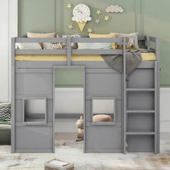 Bellemave® Twin Size Wood Loft Bed with Built - in Storage Wardrobe and 2 Windows - Bellemave