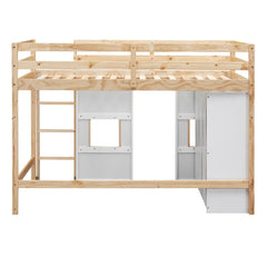 Bellemave® Twin Size Wood Loft Bed with Built - in Storage Wardrobe and 2 Windows - Bellemave