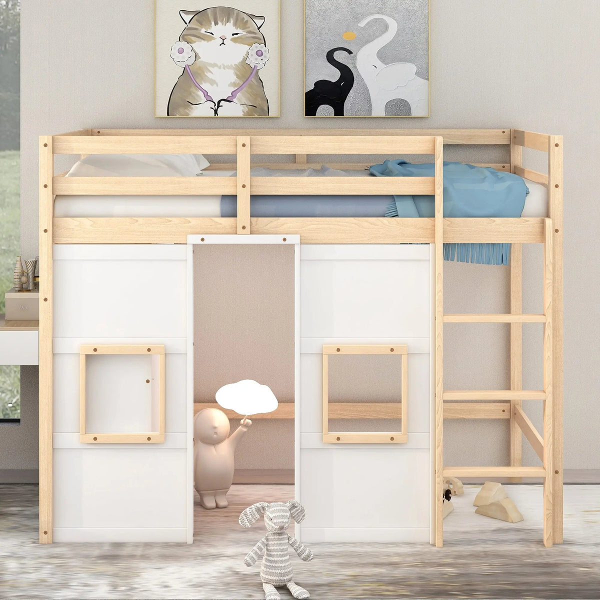 Bellemave® Twin Size Wood Loft Bed with Built - in Storage Wardrobe and 2 Windows - Bellemave