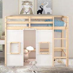 Bellemave® Twin Size Wood Loft Bed with Built - in Storage Wardrobe and 2 Windows - Bellemave