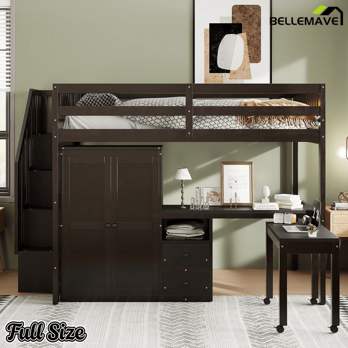 Bellemave® Twin Size Wood Loft Bed with Desk and Wardrobe, Modern Style Loft Bed with Drawers and Movable Desk, Storage Staircase Bookcase, Full Length Guardrails for Teens, Espresso - Bellemave