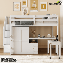 Bellemave® Twin Size Wood Loft Bed with Desk and Wardrobe, Modern Style Loft Bed with Drawers and Movable Desk, Storage Staircase Bookcase, Full Length Guardrails for Teens, Espresso - Bellemave