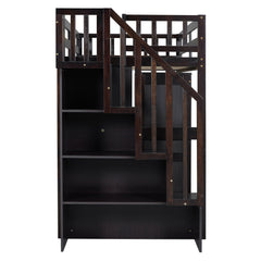 Bellemave® Twin Size Wood Loft Bed with Desk and Wardrobe, Modern Style Loft Bed with Drawers and Movable Desk, Storage Staircase Bookcase, Full Length Guardrails for Teens, Espresso - Bellemave