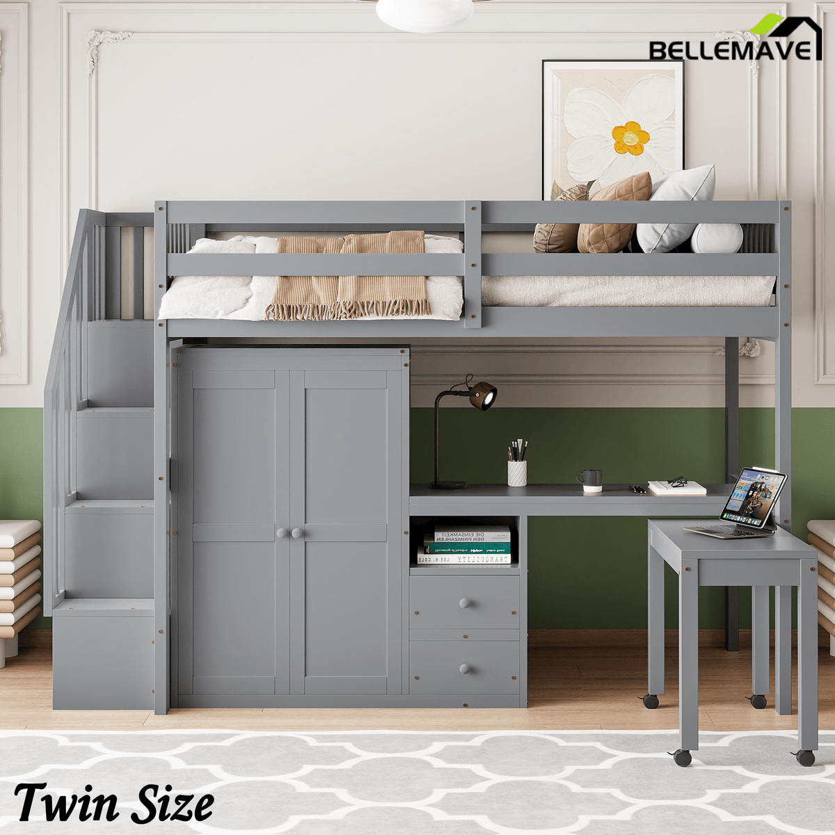 Bellemave® Twin Size Wood Loft Bed with Desk and Wardrobe, Modern Style Loft Bed with Drawers and Movable Desk, Storage Staircase Bookcase, Full Length Guardrails for Teens, Espresso - Bellemave