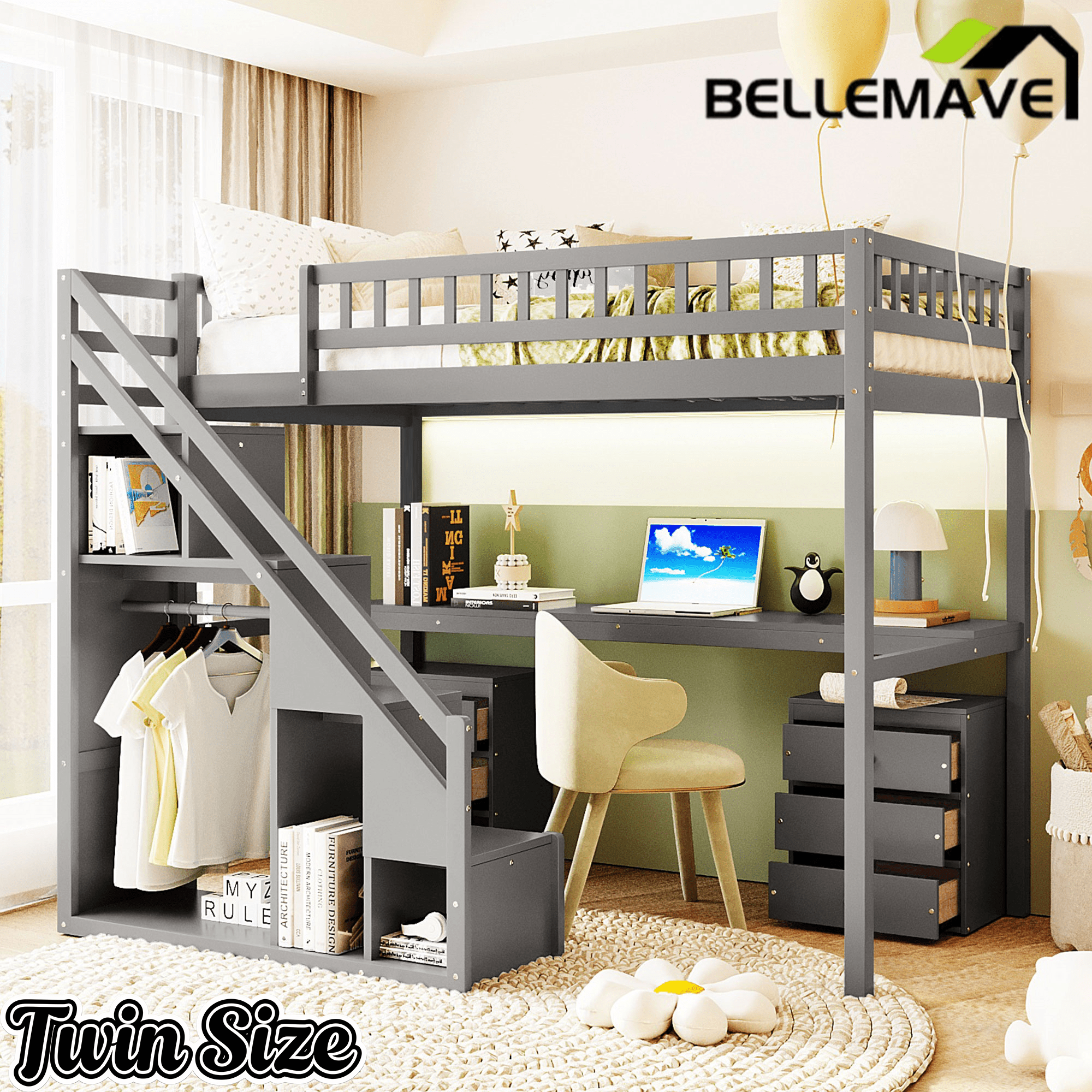 Bellemave® Twin Size Wood Loft Bed with Desk, Stairs & Storage, Space Saving Bed with Lights, 2 Drawers & Guardrails - Bellemave
