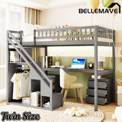 Bellemave® Twin Size Wood Loft Bed with Desk, Stairs & Storage, Space Saving Bed with Lights, 2 Drawers & Guardrails - Bellemave