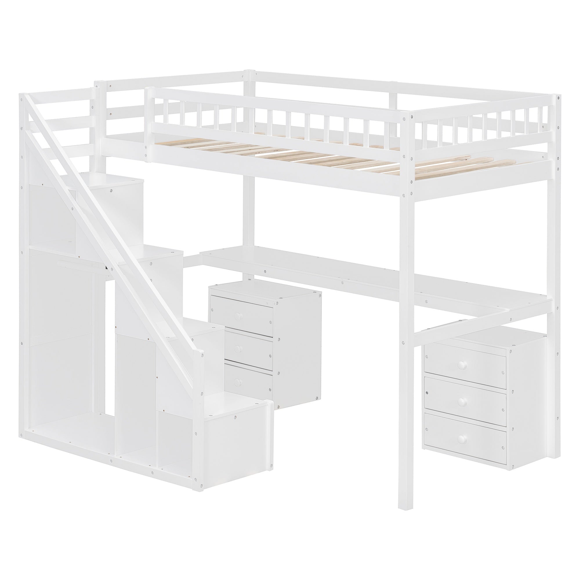 Bellemave® Twin Size Wood Loft Bed with Desk, Stairs & Storage, Space Saving Bed with Lights, 2 Drawers & Guardrails - Bellemave